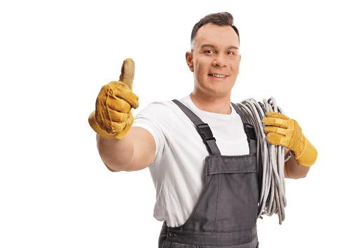 Electrician carrying cables on his shoulder and gesturing thumbs up isolated on white background