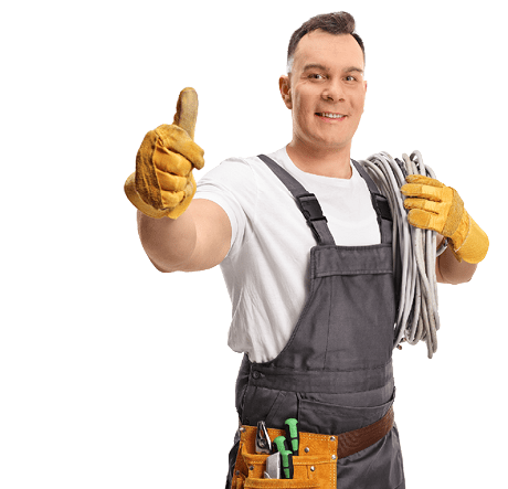 Electrician carrying cables on his shoulder and gesturing thumbs up isolated on white background