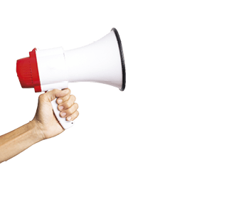 male hand holding a megaphone on a white background with clipping path