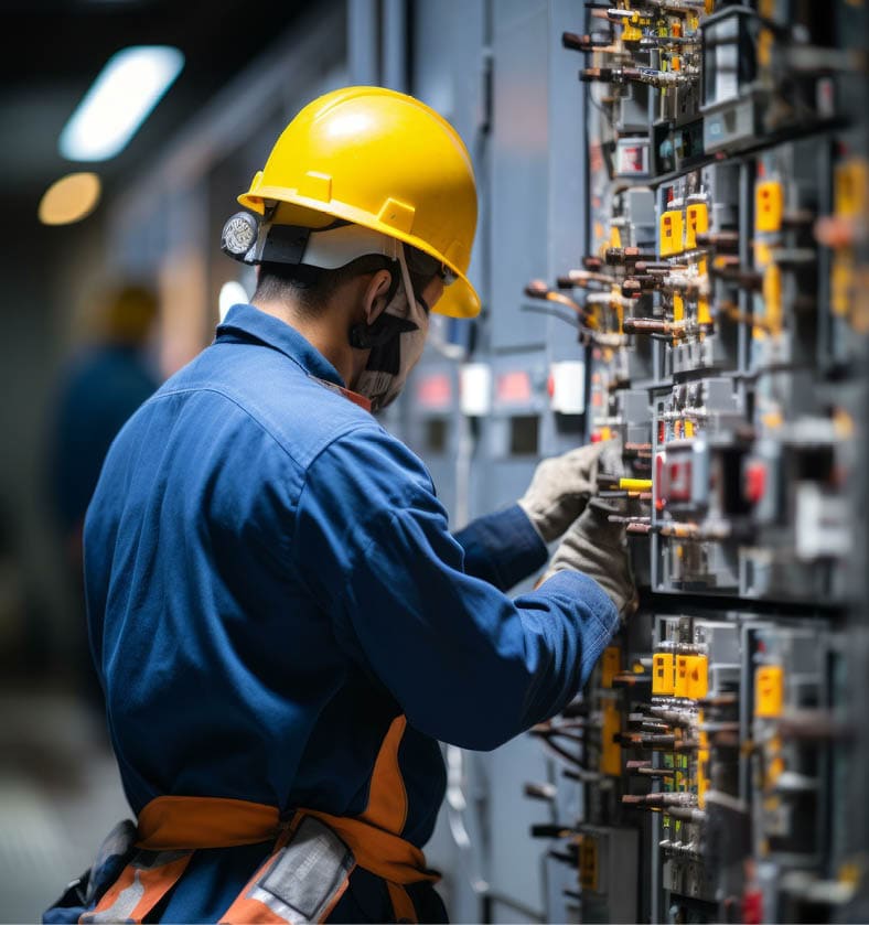 An electrician wearing a yellow hard hat and blue overalls works on an electrical panel